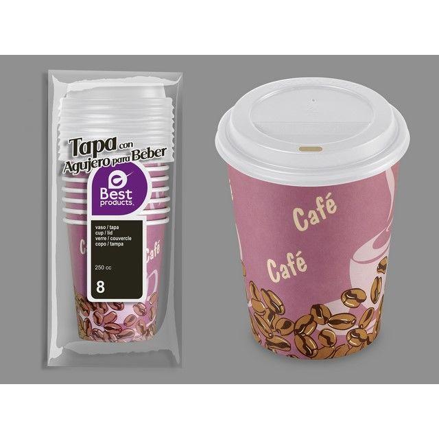 Bolsa 8 Vaso Cartón Decorado con Tapa con Agujero 250 cc