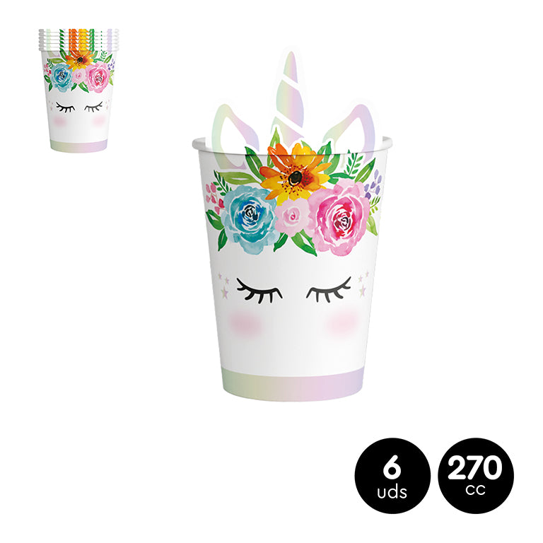 Vaso Cartón Unicornio Irisdiscente 270cc 6Uds
