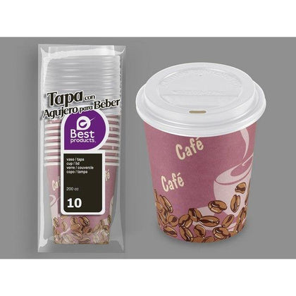 Bolsa 10 Vaso Cartón Decorado con Tapa con Agujero 200 cc