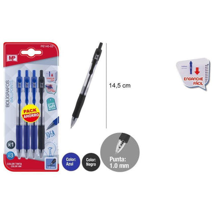 Pack 4 Bolígrafos Azules y Negro Punta 1 mm