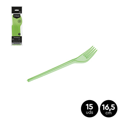 Pack 15 Tenedores Verde Flúor Translúcido 16,5cm
