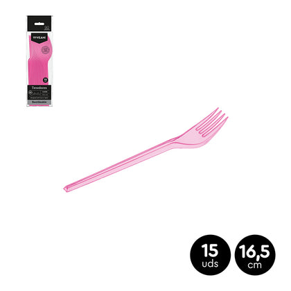 Pack 15 Tenedores Rosa Flúor Translúcido 16,5cm