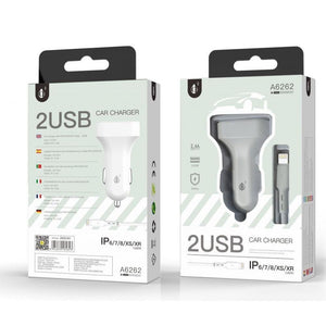 Cargador de Mechero Basic Epime con Cable de Iphone 2 Puertos USB 2.4A Blanco